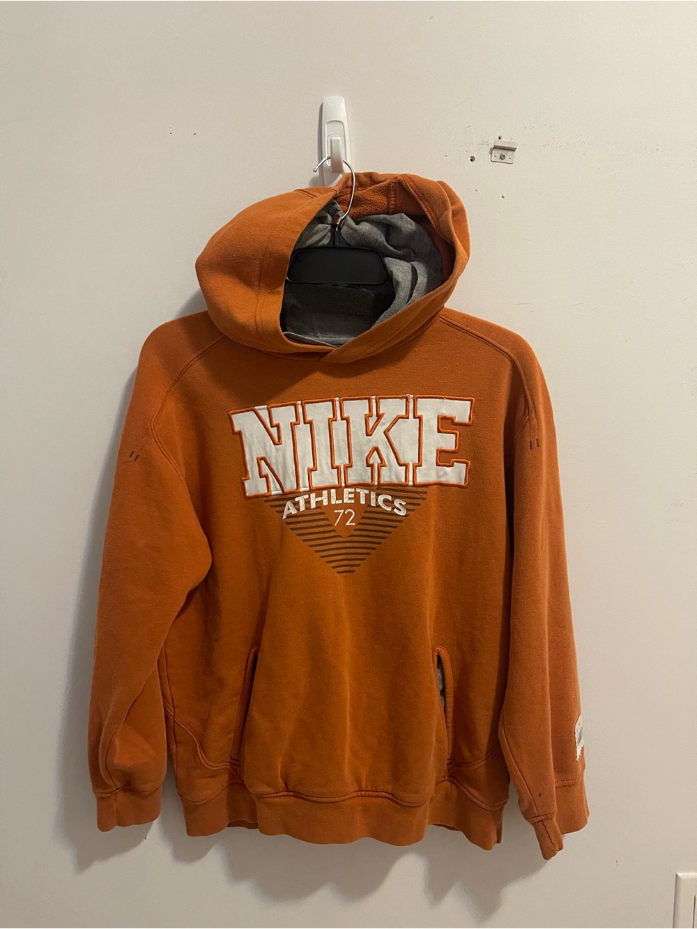 Vintage Nike Orange Pullover Hoodie with White NIKE Logo (Kids L, Women’s S)